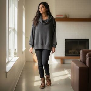 We The Free Ribbed Cowl Neck Relaxed Fit Sweater Charcoal Gray Size-L GUC